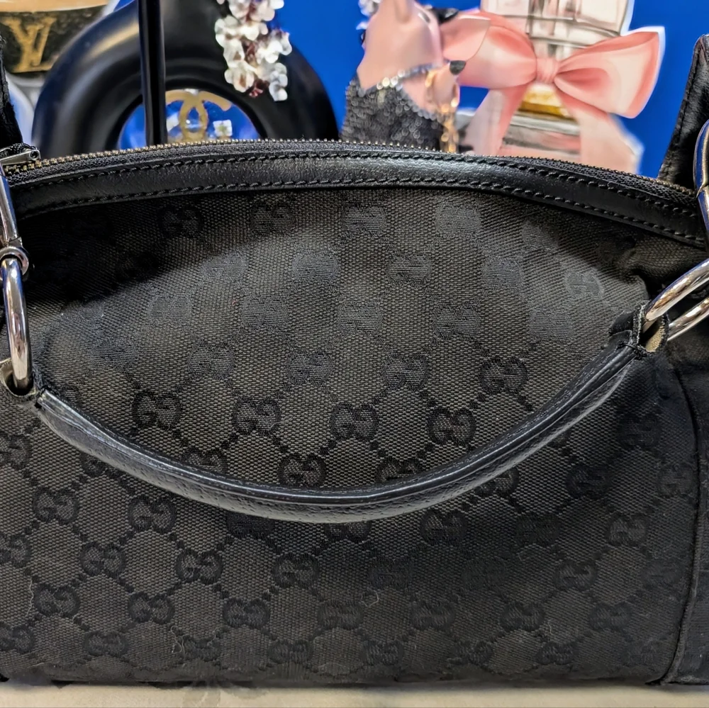 Gucci Black Denim And Leather Shoulder Bag with Monogram Canvas - Picture 8 of 16